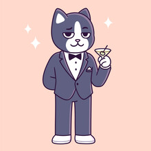 Tuxedo Cat Cartoon Character. Funny Cat In Black Tie Suit Holding Martini Glass. Cute Vector Illustration.