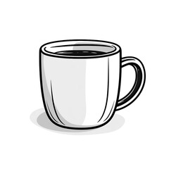 A black and white hand drawn illustration of a hot coffee in a mug. Isolated in white background. 