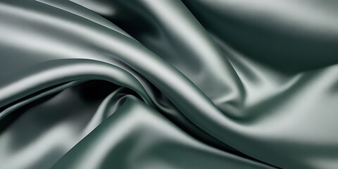 Wall Mural - Abstract grey silver silk satin. Soft, wavy folds. Shiny fabric surface. Luxurious emerald green background with copy space for design.