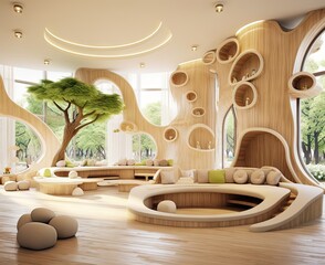 Wall Mural - a living room with lots of furniture and trees in the corner, as well as it is on the wall