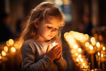Christian Child Praying With Candles In Church, Showing Belief In Jesus Christ, Generative AI