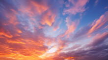 Sunset With Cirrus Clouds, Beautiful Cloud Patterns At Dusk, Sunrise, Orange Clouds In The Sky, Sky Background, Sky Gradient, Twilight, Heaven, Nature, Blue Sky,