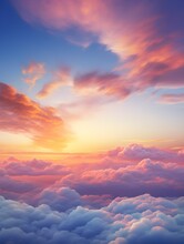 Sunset, Sunrise, Sky With Clouds At Twilight, Dusk, Dawn, Flying Above The Clouds, Over The Clouds, Plane, Orange Clouds, Pink Clouds, Sunlight, Heaven, Pastel Colors, Sky Background, Cirrus Clouds