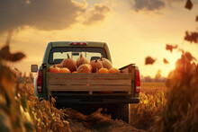 Pickup Truck With A Trunk Full Of Pumpkins Against The Backdrop Of The Setting Sun
