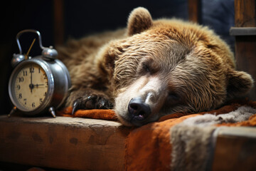 bear sleeps in his bed near the alarm clock
