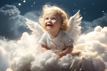 Laughing cute baby with angel wings in the cloud