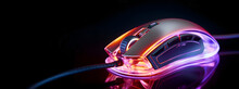 Gaming mouse with RGB led lights. A computer mouse in neon light on a dark background.