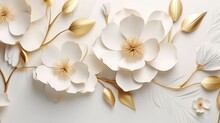 3d  Abstract Background With White Paper Flowers And Golden Leaves, Floral Botanical Wallpaper