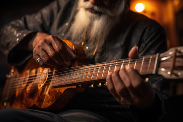 Wall Mural - A close-up of a person's hand playing the strings of a sitar, a traditional Indian musical instrument. Generative Ai.