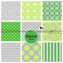 Digital Papers, Set Of Seamless Patterns, Flowers, Dots, Stripes, Square Swatches, Green And Grey Tones