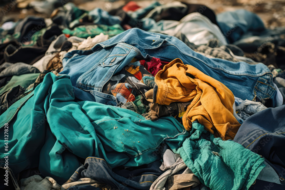 Tattered Garments Thrown In Construction Site Dumpster. Сoncept , Discarded Clothes Pollution Problem, Dumpster Diving For Fashion, Construction Site Waste Management