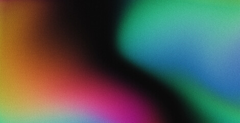 Vibrant VHS style rainbow teal white psychedelic grainy gradient color flow wave on black background, music cover dance party poster design. Retro Colors from the 1970s 1980s, 70s, 80s, 90s style