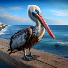 Pelican On An Ocean Beach Pier. A Concept Of Sea And Beach Wildlife. Generative Ai. 
