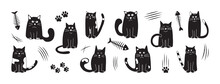 Halloween Cute Cats, Cartoon Black Doodle Animal Vector Icon, Funny Pet Set, Hand Drawn Silhouettes Character. Fish Skeleton And Cat Paw Isolated On White Background. Gothic Illustration
