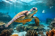 Meeresschildkröte (Cheloniidae) schwimmt im Meer, Unterwasser, Generative KI