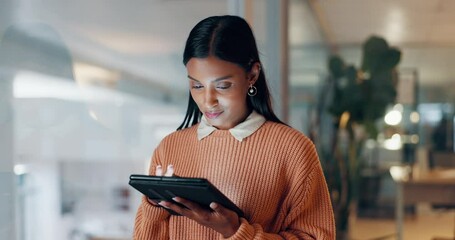 Poster - Business woman, tablet and typing at night for software update, data analytics and information technology in office. Analyst at IT company and scroll on digital technology for coding or app research