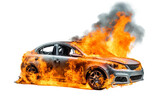Burning car in flames isolated on transparent Background - high quality PNG