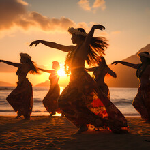 Hawaii Hula Dancers On The Beach With Sunset In The Background At A Luau.  Generative Ai. 