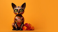 Cat Figurine Painted In Mexican Style On An Orange Background