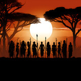Black silhouette of an African tribe standing next to Acacia trees in Africa with sun setting in the background. Generative ai. 