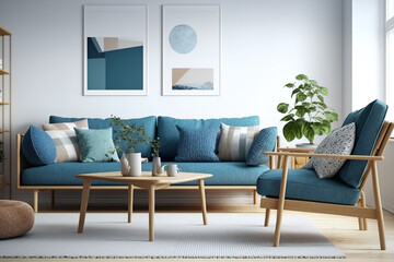 Wall Mural - Scandinavian bright living room, blue sofa with natural wooden furniture, illustration. Generative AI