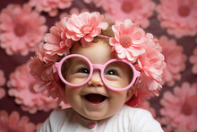 Generative AI Photography Of Cheerful Pretty Sweet Baby Girl Celebrate First Birthday Fresh Pink Flowers Theme Party