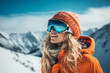 Generative AI photography of happy girl wear sunglasses spending weekend at ski resort winter holiday concept