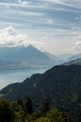 Wall Mural - The Swiss Alps with Buildings Sitting Along the Hills and Mountains and a Lake in the background in Switzerland in Summer