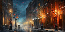 Snowstorm At Night In A Cityscape, High - Rise Buildings Barely Visible Through The Blizzard, Streetlights Casting A Warm Glow