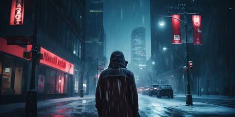 Wall Mural - Snowstorm at night in a cityscape, high - rise buildings barely visible through the blizzard, streetlights casting a warm glow