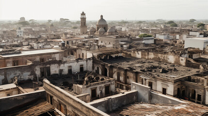 Wall Mural - Ashfall from a volcanic eruption covering a deserted town, dark gray sky, ash on rooftops and cars, ash particles floating in the air