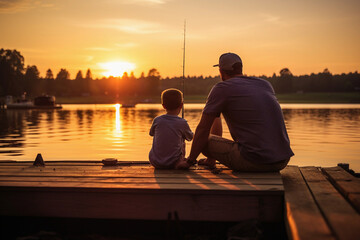 Wall Mural - father teaching young son to fish, sunset, silhouette, wooden dock, bobbers and bait, soft warm light