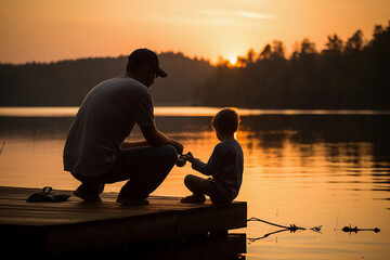 Wall Mural - father teaching young son to fish, sunset, silhouette, wooden dock, bobbers and bait, soft warm light