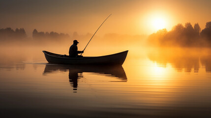 Wall Mural - fisherman on a boat, silhouette against a misty dawn, calm lake, fishing rod cast, gentle ripples, mirror reflection, soft natural light