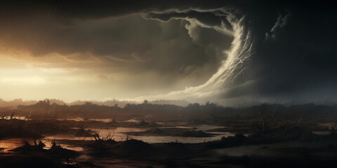 Wall Mural - whirling tornado, surreal art, desolate landscape, destruction, dark and stormy, digital painting, d