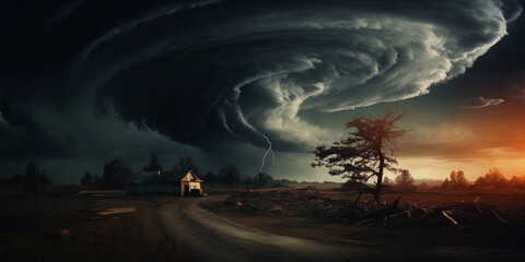 Wall Mural - whirling tornado, surreal art, desolate landscape, destruction, dark and stormy, digital painting, d