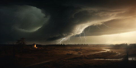 Wall Mural - whirling tornado, surreal art, desolate landscape, destruction, dark and stormy, digital painting, d