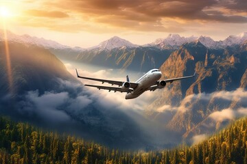 Wall Mural - an airplane flying in the sky over a mountain range, with trees and mountains in the background at sunset time