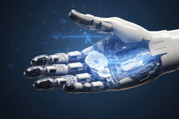 Wall Mural - robotic hand touching abstract cyberspace. digital hand hologram on dark background with copy space.
