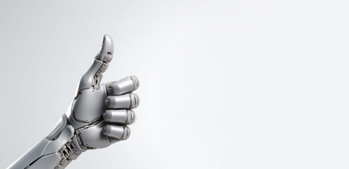 Wall Mural - robotic hand shows thumbs up gesture on white background with copy space. communication with artific