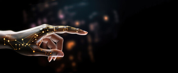 Wall Mural - robotic hand touching abstract cyberspace. digital hand hologram on dark background with copy space.