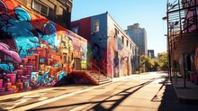 Artistic Tapestry: A Kaleidoscope Of Graffiti And Murals, Bathed In Sunlight, Unveiling The Urban Canvas