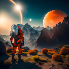 Wall Mural - hiker in the mountains. female space soldier, wearing orange and white space suit, helmet, tined face shield, rebreather.