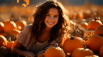 Wall Mural - young beautiful woman with orange hair in autumn garden.