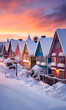 canvas print picture - bunte Häuser im Winter bei Sonnenaufgang
