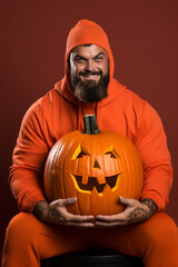 Perverted man in studio photo looking at camera with a pumpkin in hands wearing orange costume disguise