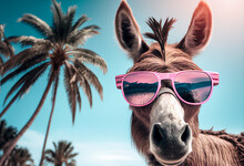 A Funny Donkey In Sunglasses And A Hat Walks Merrily Against The Backdrop Of A Seascape With Palm Trees. AI Generated
