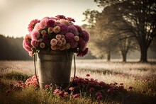Produce An Alluring Image Of A Vintage-style Bucket Overflowing With Flowers, Reminiscent Of A Bygone Era