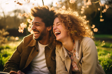 Lifestyles, relationship and multicultural concept. Happy young and beautiful couple walking and laughing in public park. Joyful mood. Outdoors park and nature in background. Generative AI