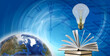 © cooperr - light bulb over an open book that lies on a stack of books and part of the globe against the background of a dial and a computer keyboard